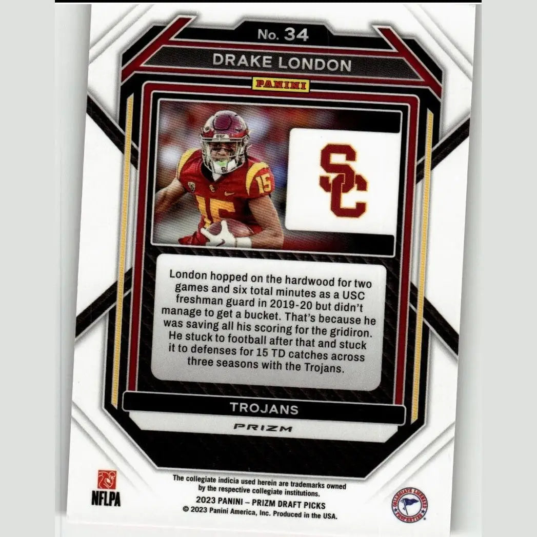 Red and gold usc trojans football trading card featuring drake london from 2023 panini prizm draft red ice series