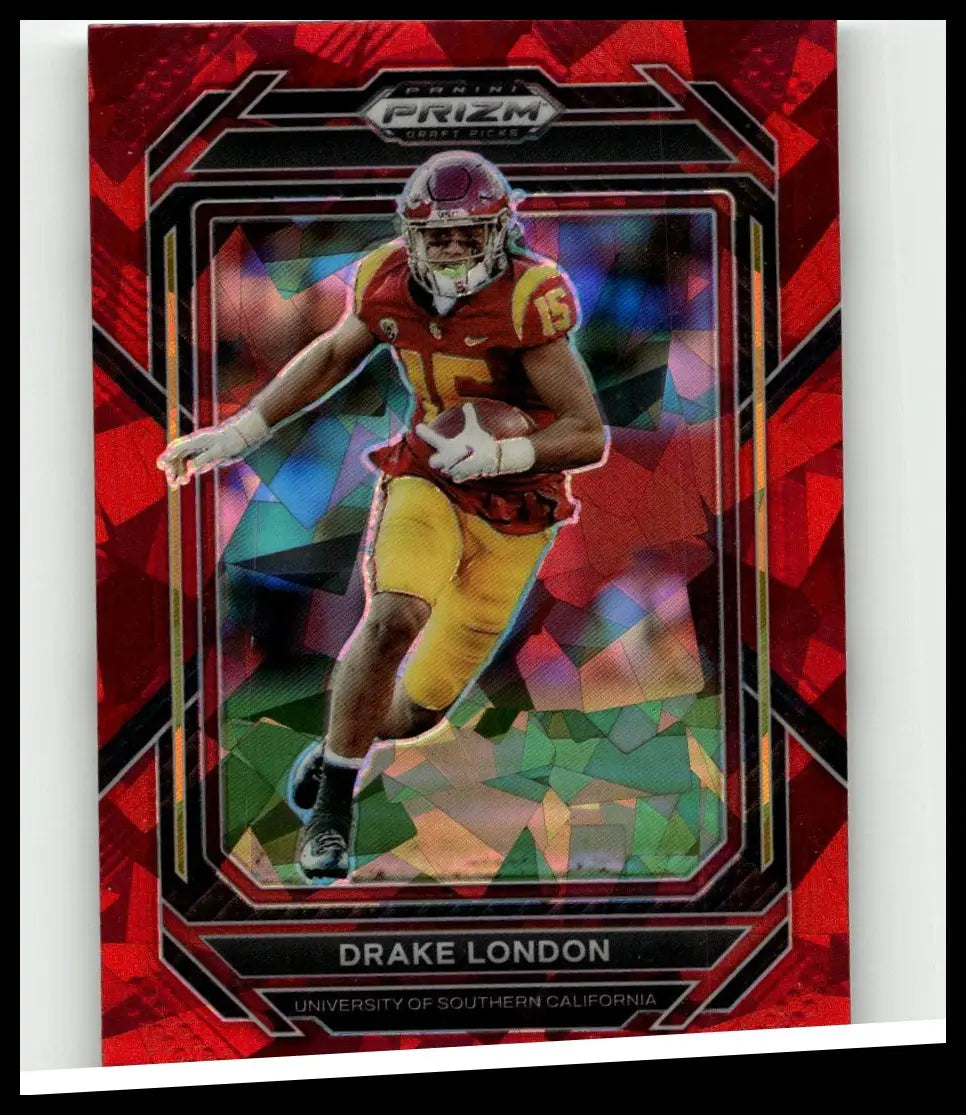 Red and black prizm draft picks trading card featuring drake london in maroon and gold usc football uniform by panini prizm draft