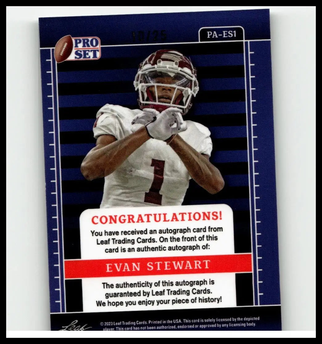 Blue and white 2023 pro set metal football trading card featuring evan stewart silver autographed in maroon helmet