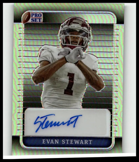 2023 pro set metal evan stewart silver prismatic football card autographed featuring white jersey maroon number one