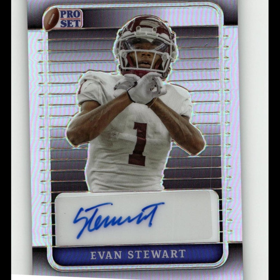 A signed pro set football trading card featuring evan stewart in a white jersey with maroon number one and helmet, displayed within a silver-bordered collectible frame.