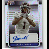 A signed pro set football trading card featuring evan stewart in a white jersey with maroon number one and helmet, displayed within a silver-bordered collectible frame.