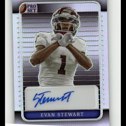 A signed pro set football trading card featuring evan stewart in a white jersey with maroon number one and helmet, displayed within a silver-bordered collectible frame.