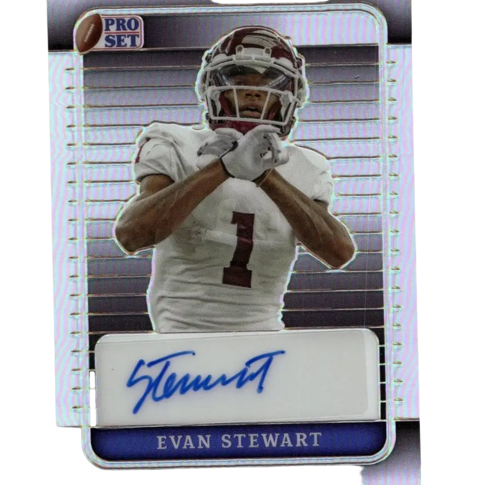 A signed pro set football trading card featuring evan stewart in a white jersey with maroon number one and helmet, displayed within a silver-bordered collectible frame.