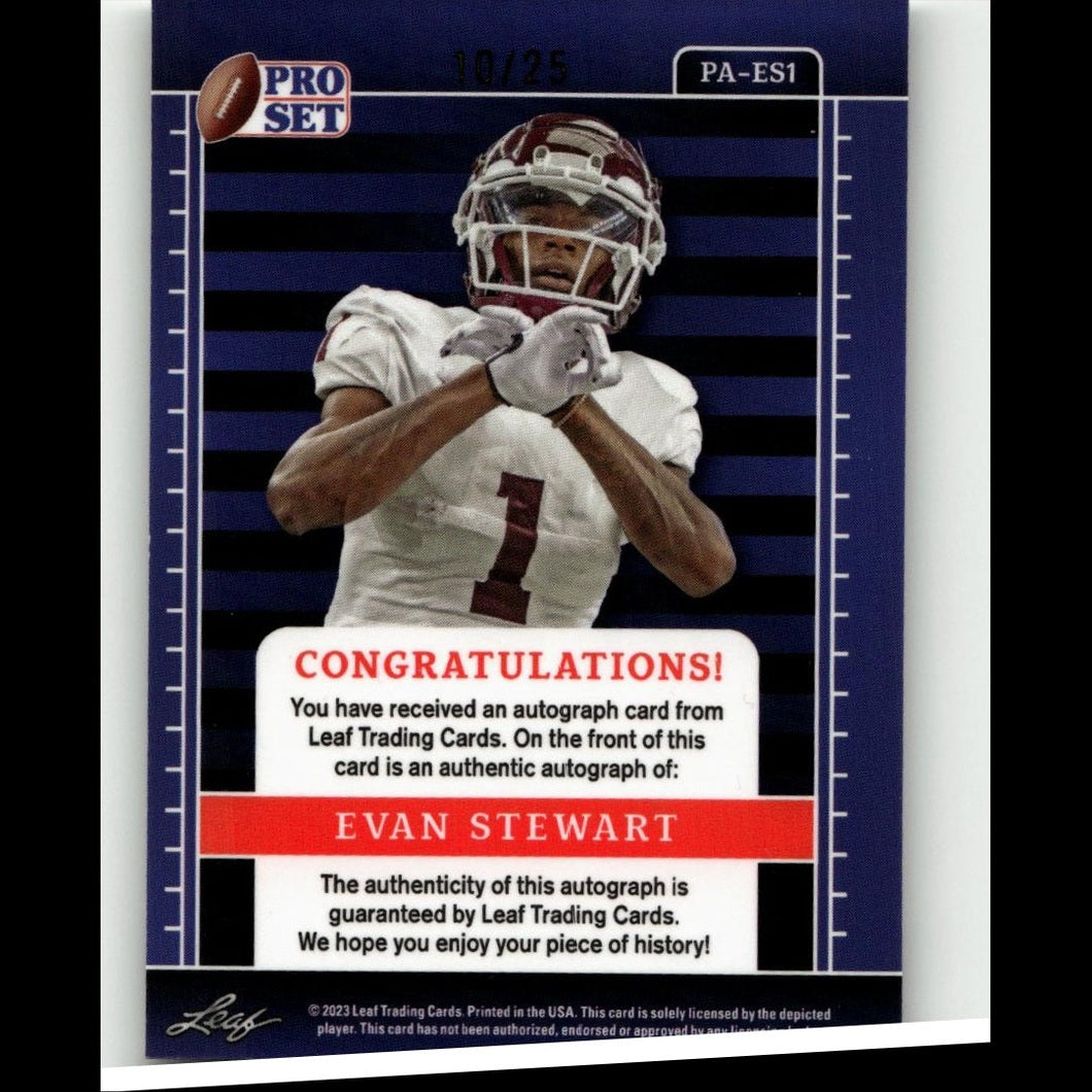 This is a pro set football trading card featuring an autographed player, evan stewart, in his white and maroon uniform with the number 1 on the front.