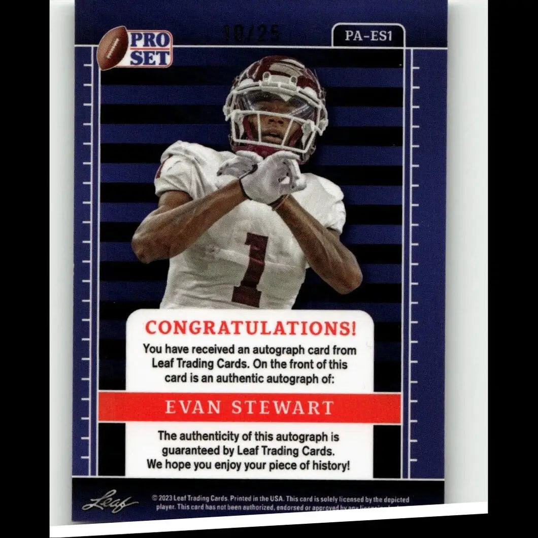 This is a pro set football trading card featuring an autographed player, evan stewart, in his white and maroon uniform with the number 1 on the front.