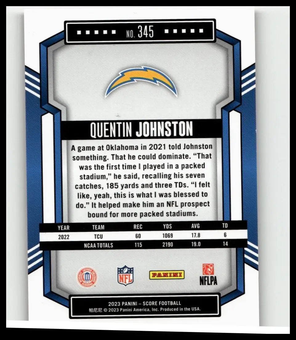 Blue and silver framed 2023 score football trading card featuring quentin johnston ellipse with chargers logo numbered 199