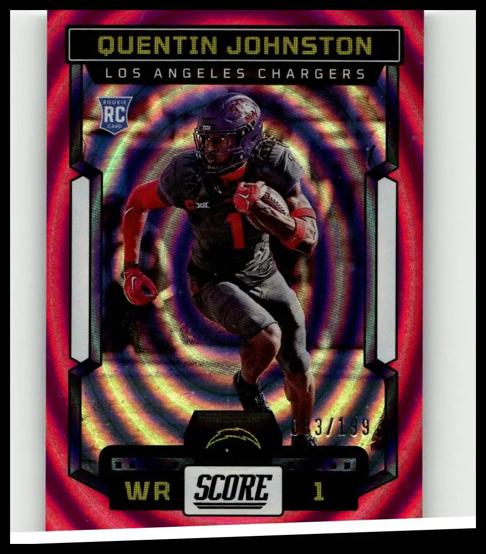 Vibrant red and black holographic 2023 score rookie card featuring quentin johnston ellipse #345 numbered 199