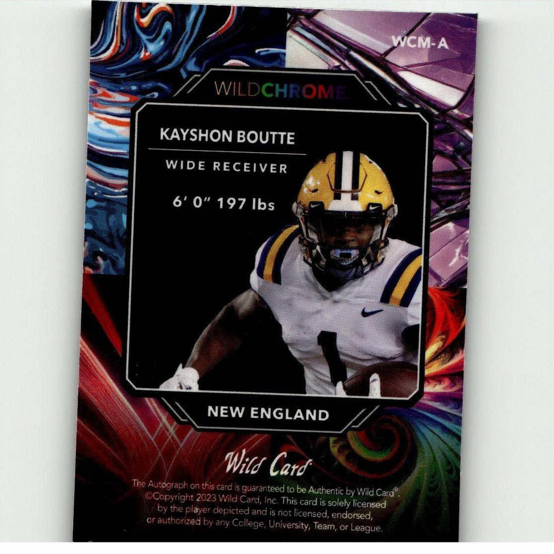 This is a wild chrome trading card featuring kayshon boutte, showcasing him in his lsu tigers uniform with gold and purple accents on the helmet.