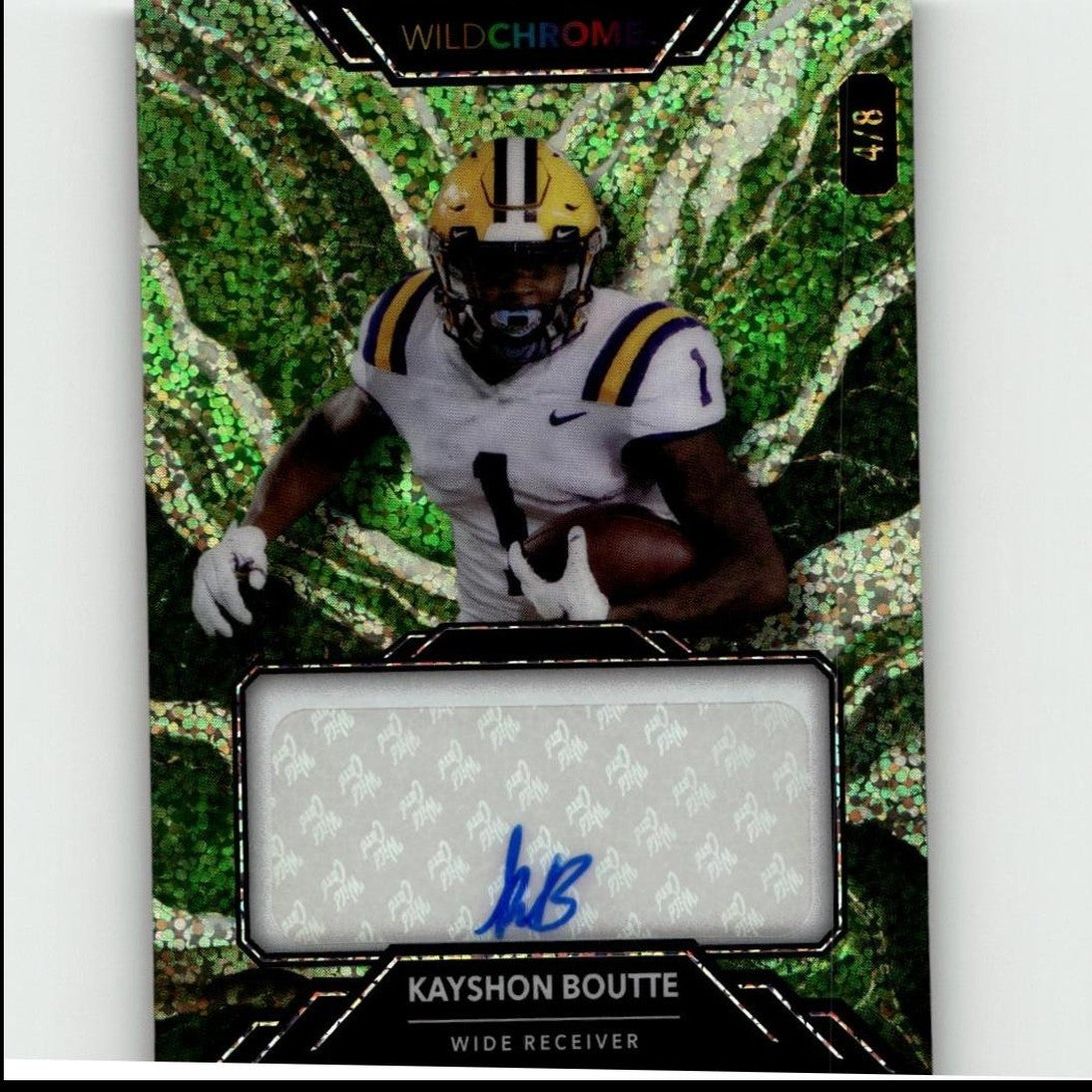 Green and black wild chroma trading card featuring kayshon boutte in a white jersey with gold stripes, holding a football.