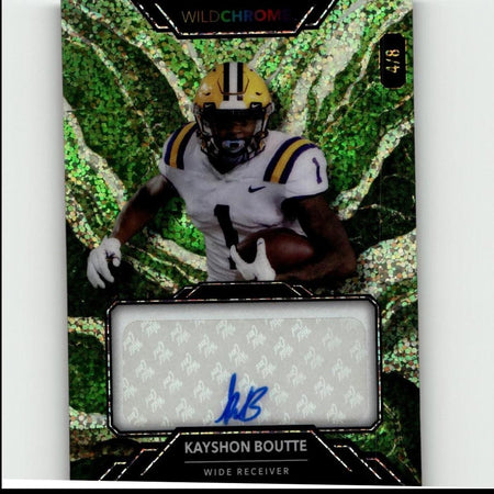 Green and black wild chroma trading card featuring kayshon boutte in a white jersey with gold stripes, holding a football.