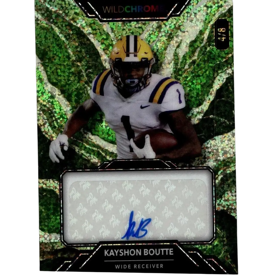 Green and black wild chroma trading card featuring kayshon boutte in a white jersey with gold stripes, holding a football.