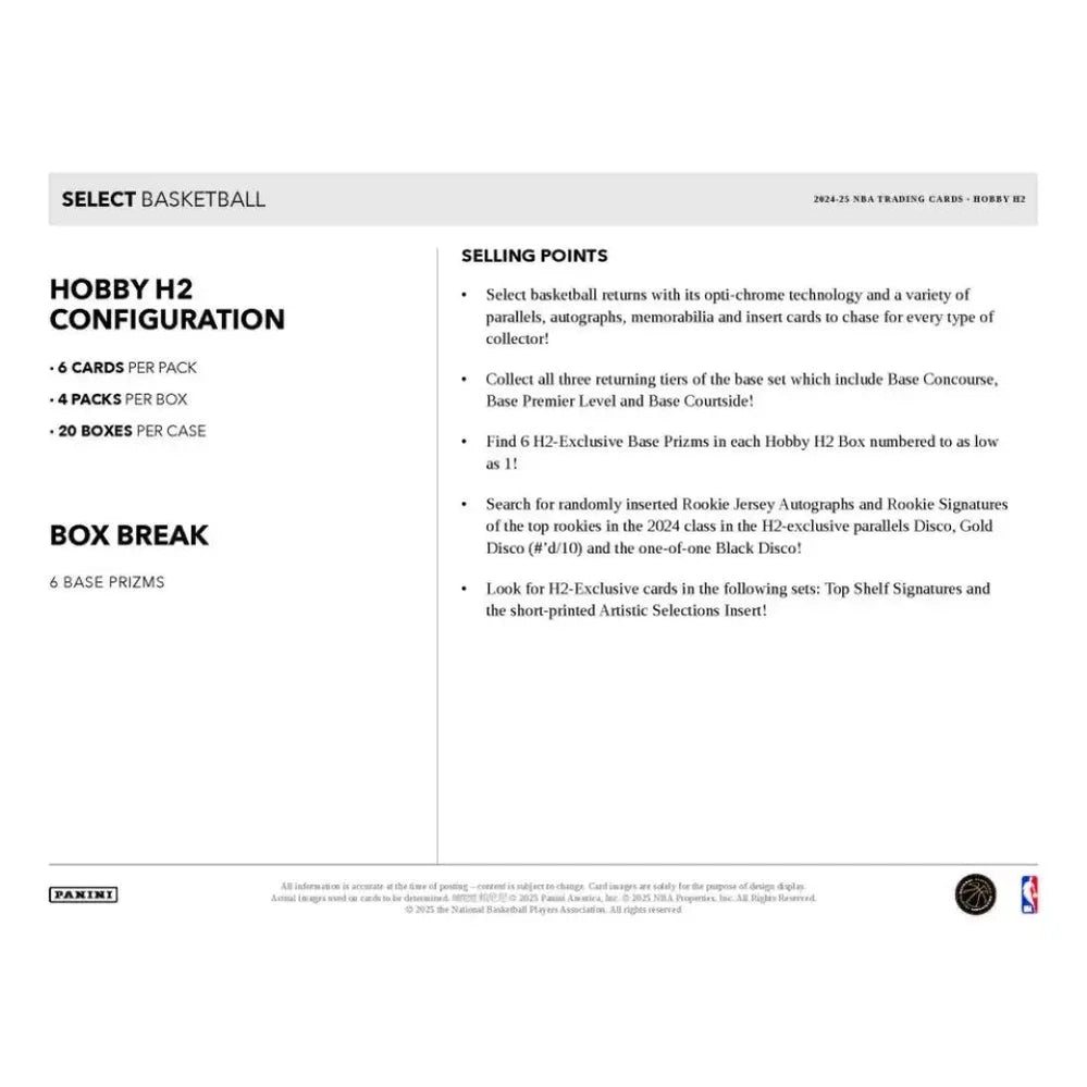 A product sheet detailing the configuration and selling points of Select Basketball Hobby H2 trading cards.