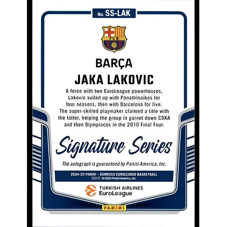 Blue and white framed 2024-25 donruss basketball euroleague purple trading card featuring jaka lakovic auto signature