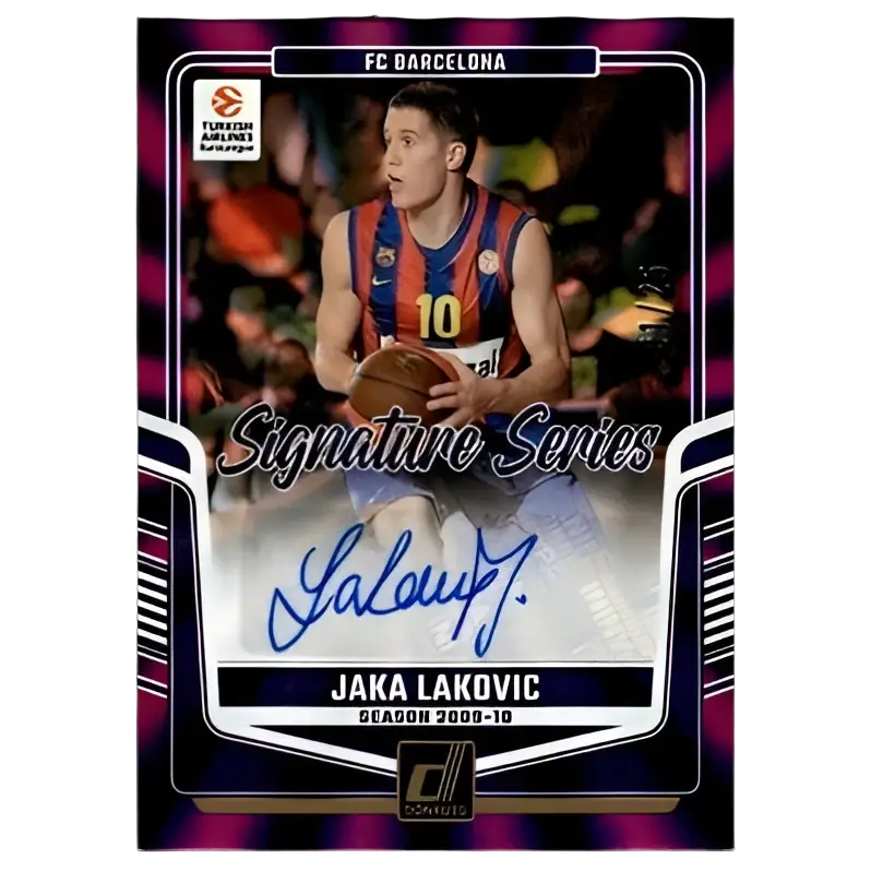 Purple and silver-bordered donruss basketball euroleague trading card featuring jaka lakovic auto in fc barcelona jersey