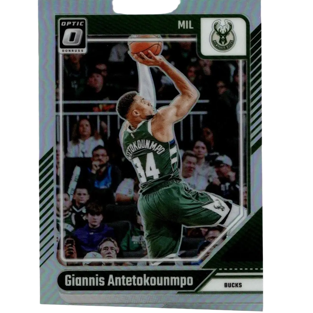 Green and white milwaukee bucks donruss optic basketball trading card featuring giannis antetokounmpo in action
