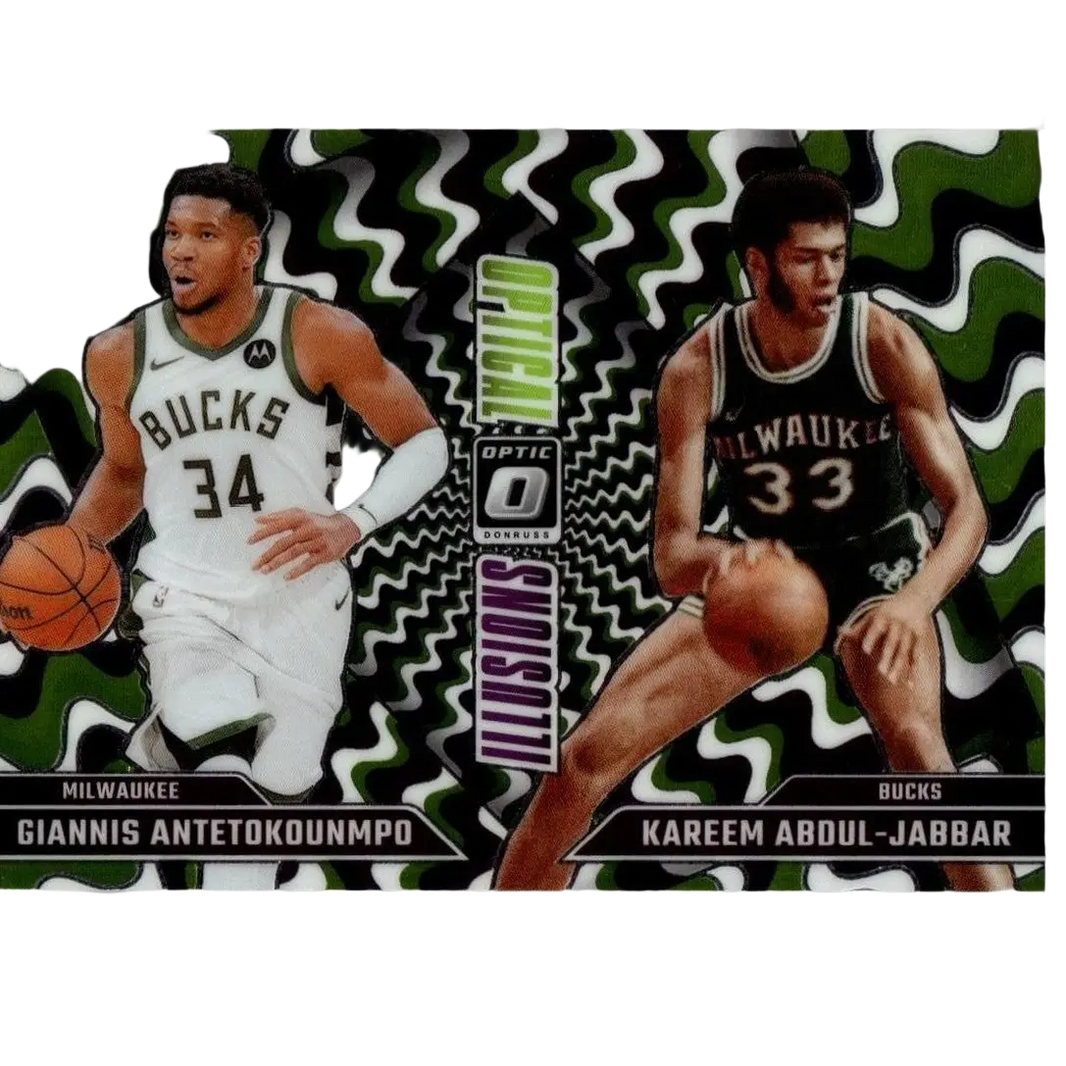 Green and white wavy donruss optic basketball trading card featuring giannis antetokounmpo and kareem abdul-jabbar