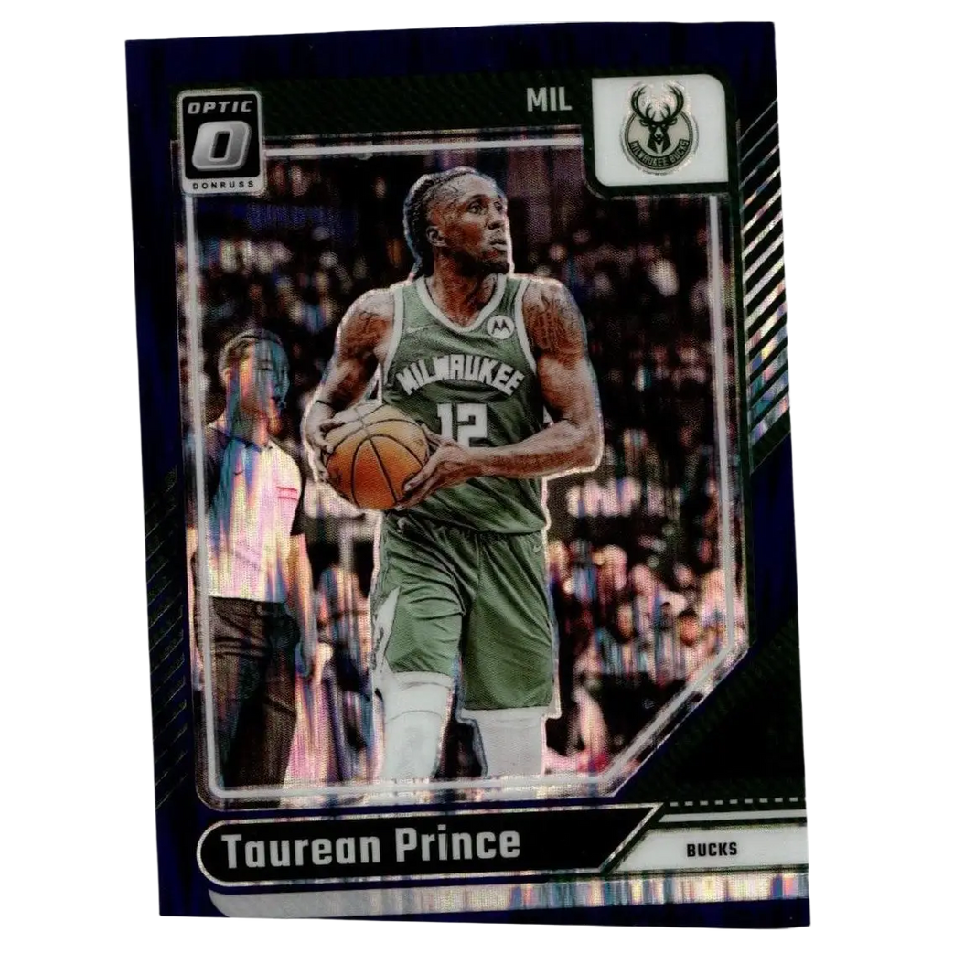 2024-25 donruss optic holo featuring taurean prince in green bucks jersey number 12 holding an orange basketball