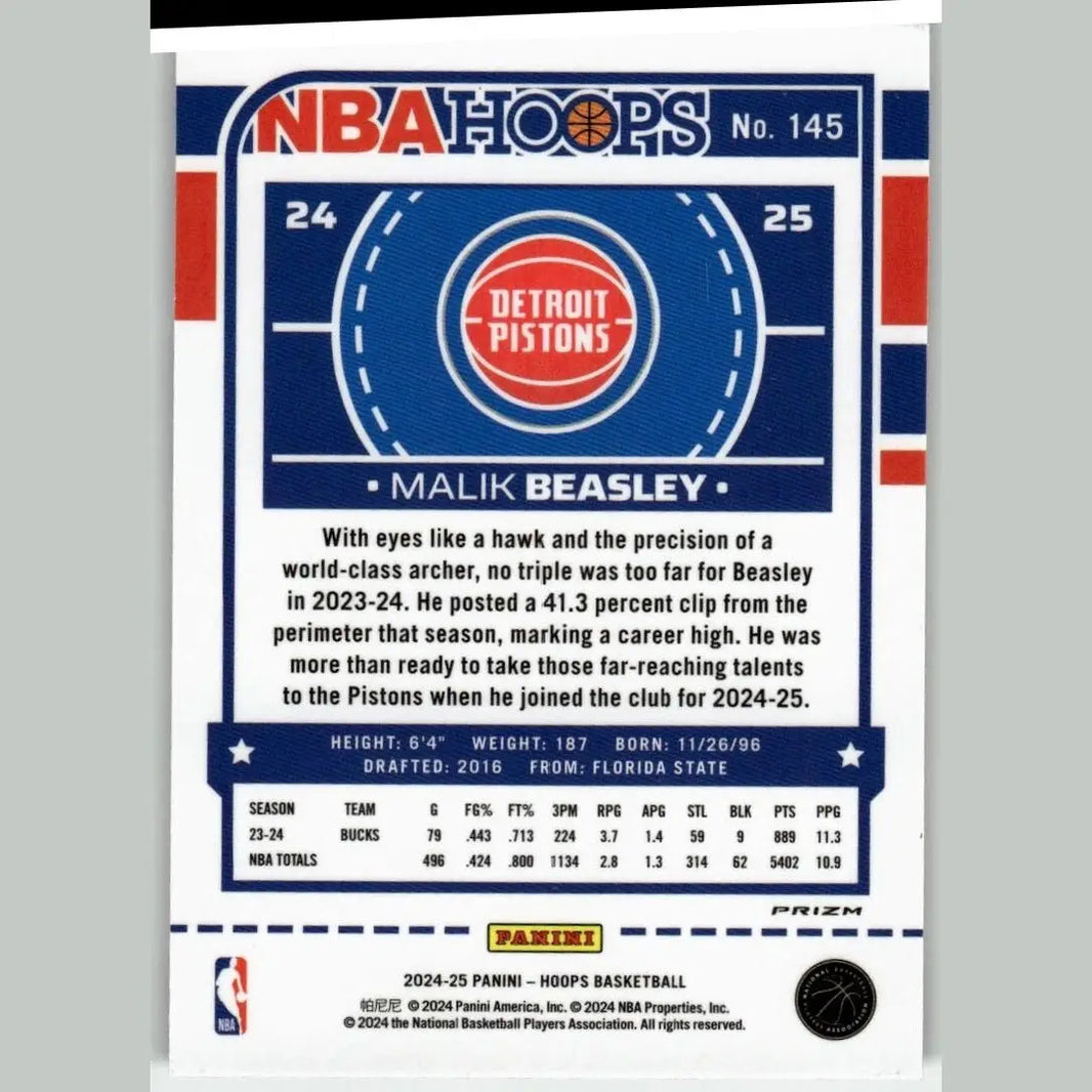 Detroit pistons NBA hoops trading card featuring Malik Beasley with blue red white design from 2024-25 premium prizms silver collection