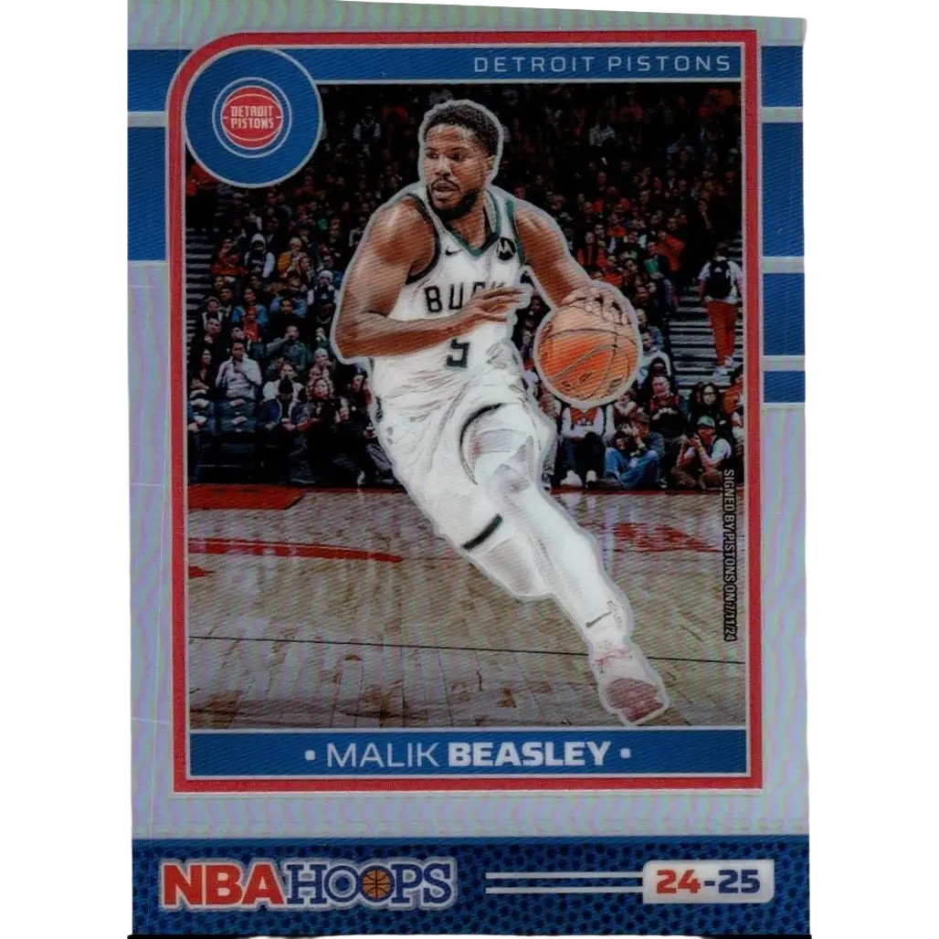 2024-25 hoops malik beasley premium prizms silver trading card featuring beasley in white jersey number 3 holding basketball