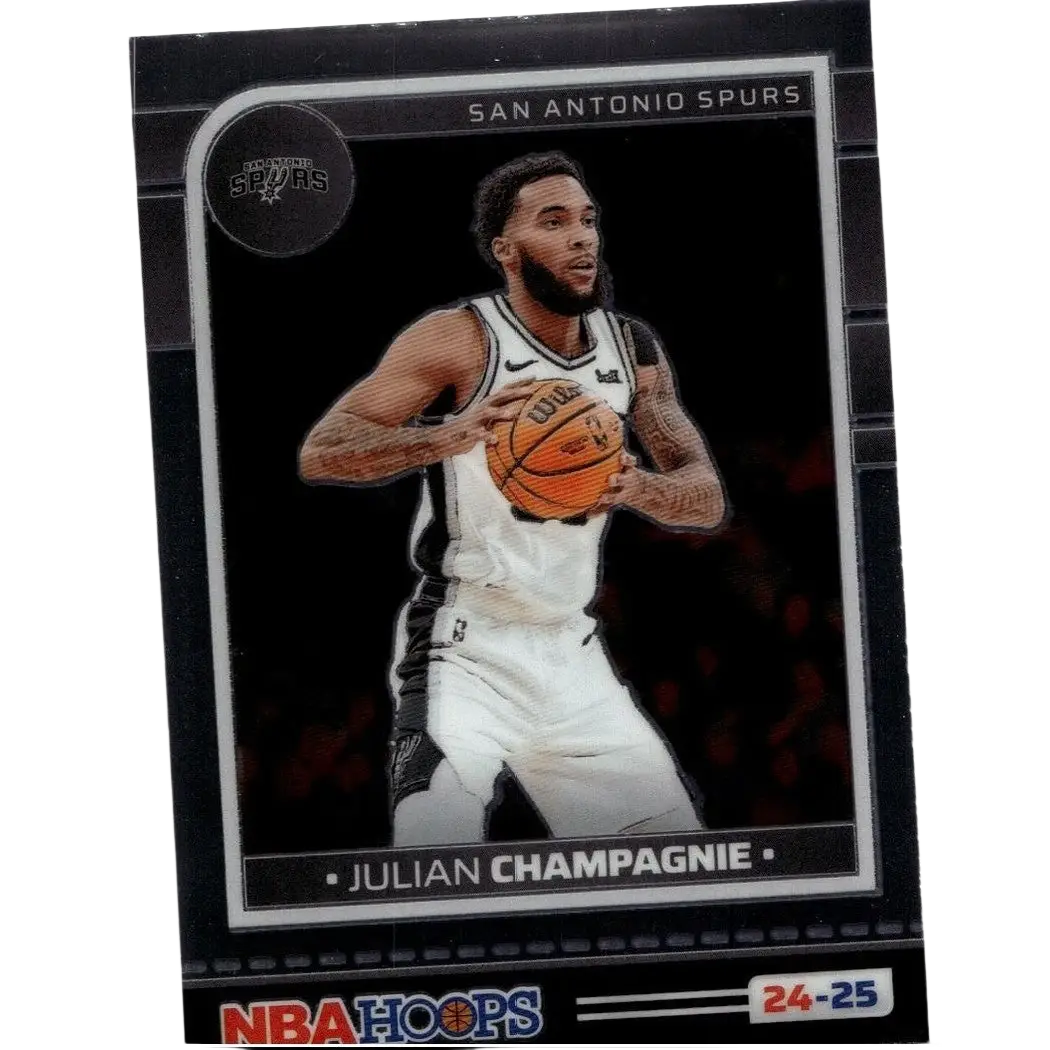 Black and silver nba hoops trading card 2024-25 #218 featuring julian champagnie in white san antonio spurs jersey holding basketball