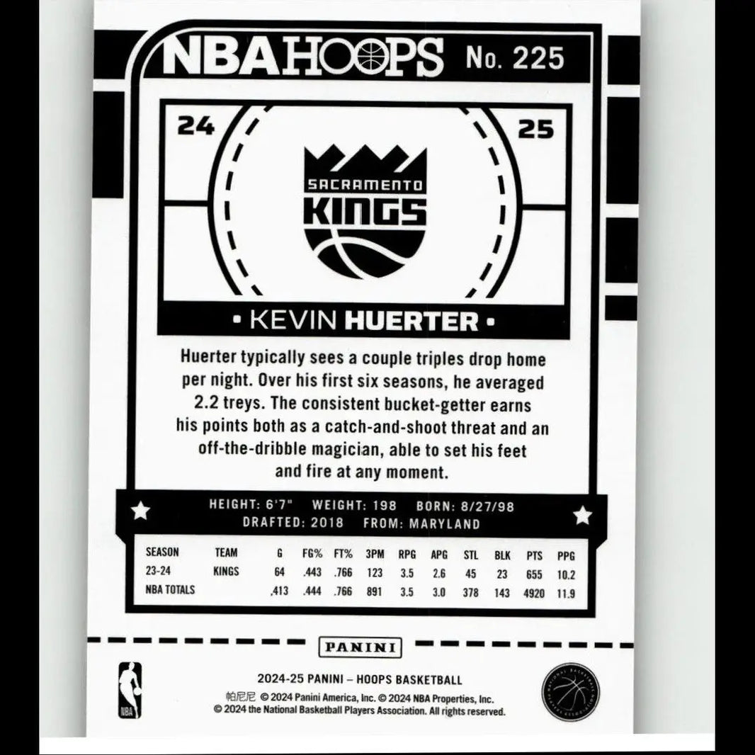 Black and white nba hoops trading card featuring kevin huerter texture of the sacramento kings numbered 225