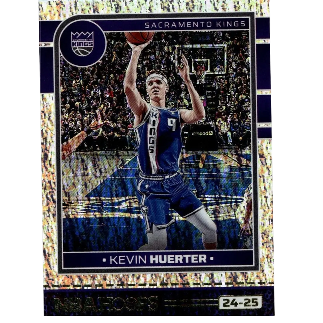 Blue and white sacramento kings basketball trading card featuring kevin huerter in action with shimmering silver border from 2024-25 hoops #225 kevin huerter texture series