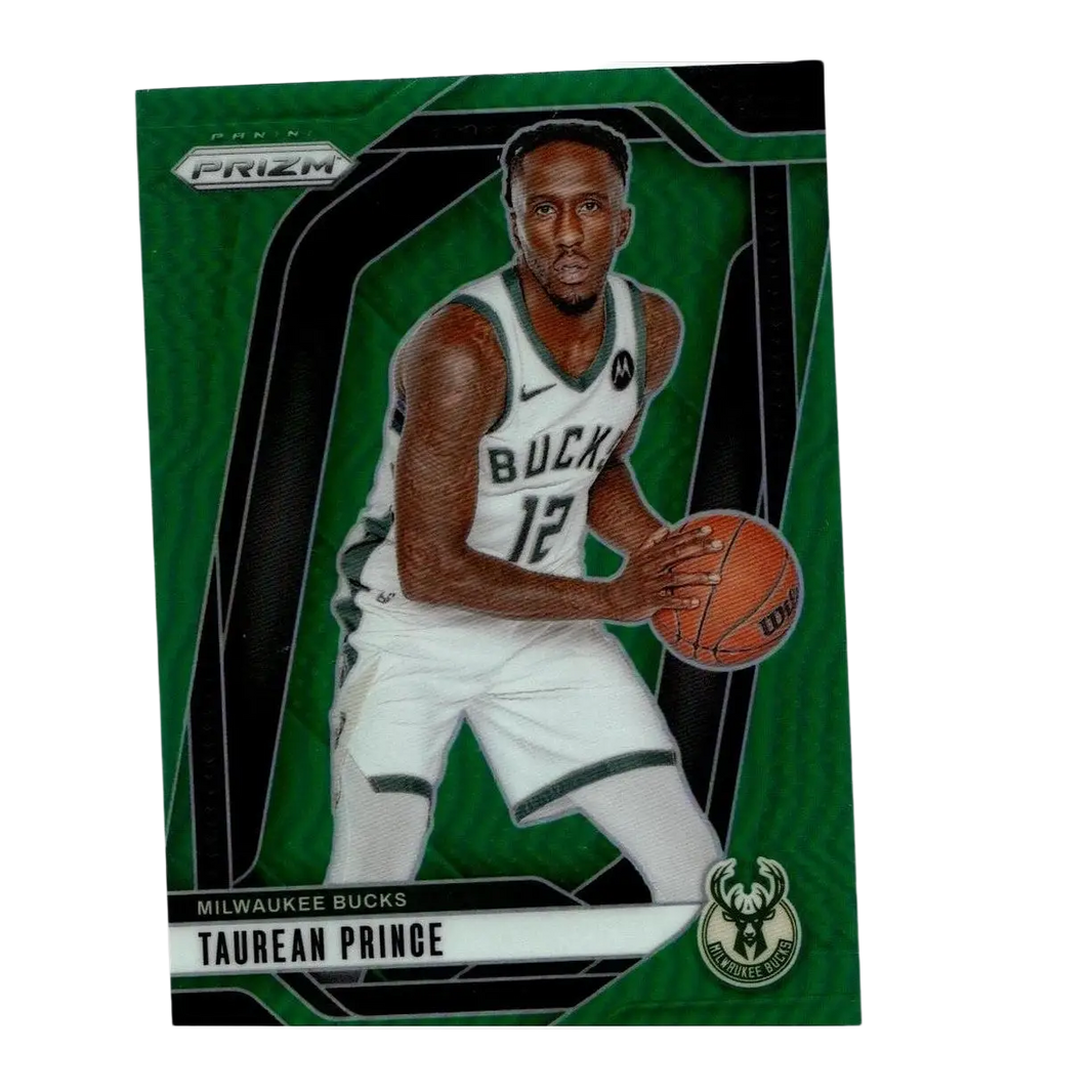 Green and black panini prizm trading card featuring milwaukee bucks player taurean prince holding basketball prince prizms green