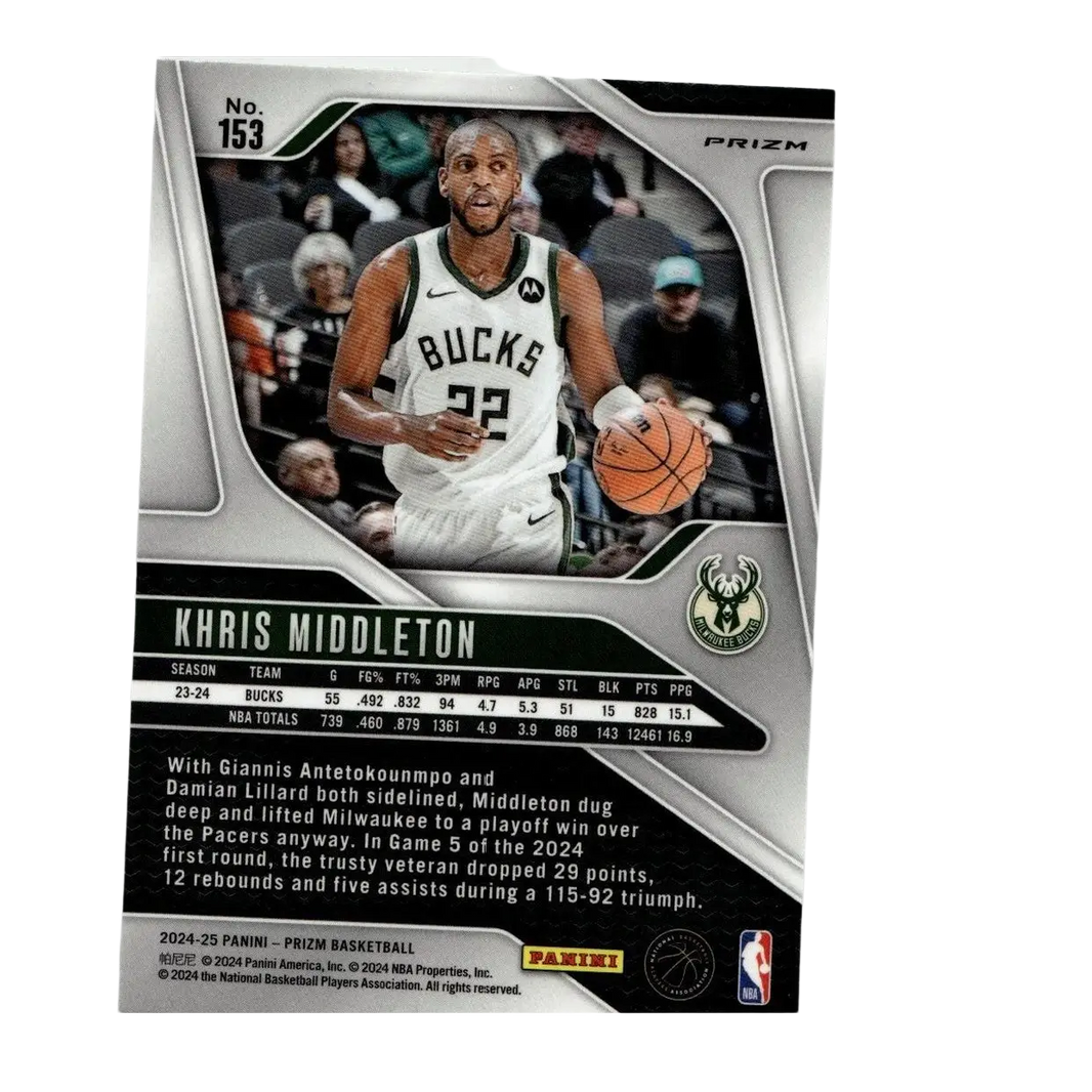 Silver and black 2024-25 panini prizm basketball trading card featuring khris middleton prizms green in milwaukee bucks jersey 22