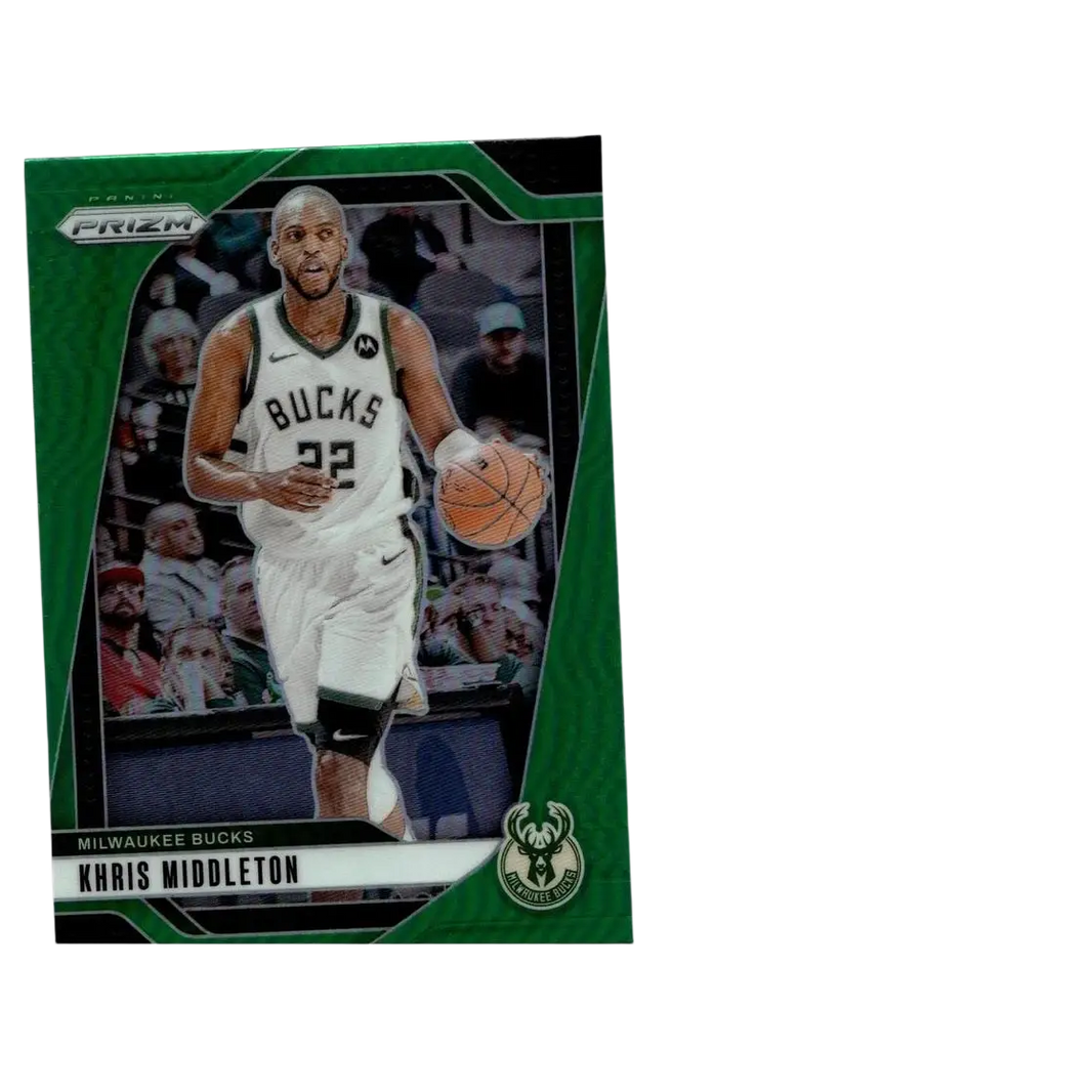 Green and black 2024-25 panini prizm basketball trading card featuring khris middleton in a white bucks jersey number 22