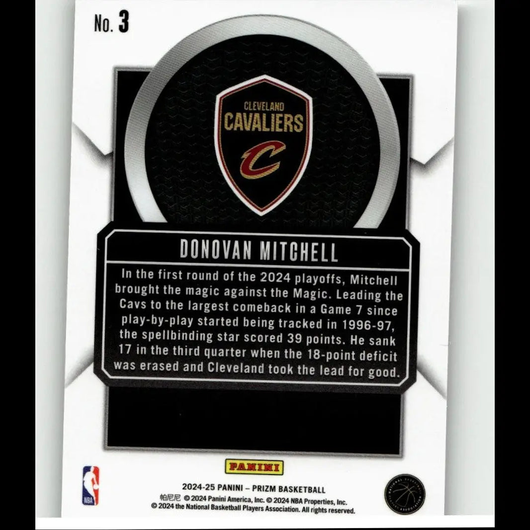 Black and silver 2024-25 panini prizm donovan mitchell talismen trading card with textured shield logo