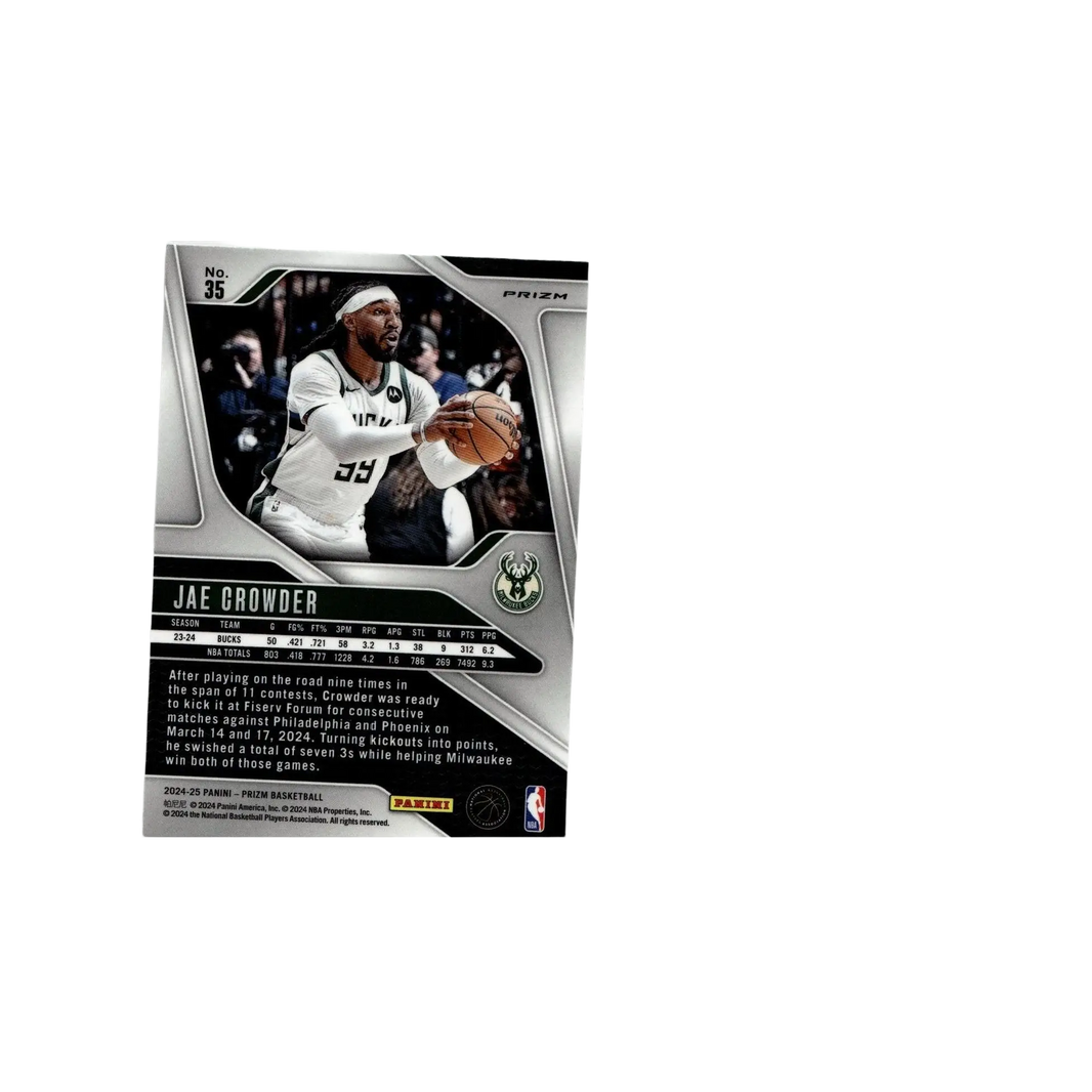 Silver and black jae crowder panini prizm basketball trading card featuring crowder prizms green ice in white jersey number 35