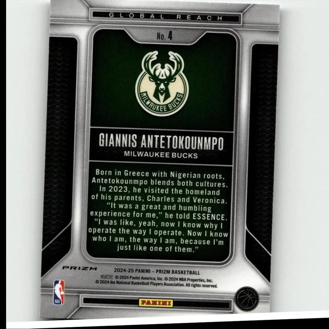Silver and black Panini Prizm basketball card featuring Giannis Antetokounmpo global reach from 2024-25 set