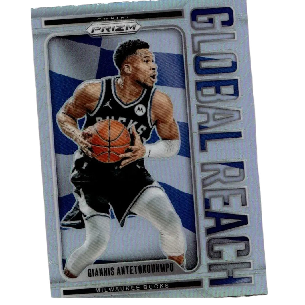 Silver prizm trading card of giannis antetokounmpo in black milwaukee bucks jersey from 2024-25 panini prizm antetokounmpo global reach