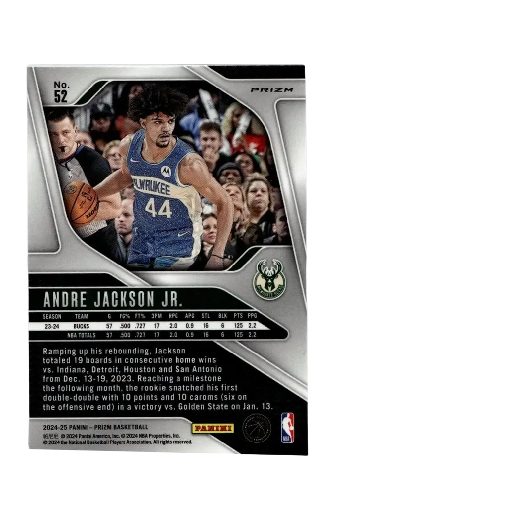 Silver and black panini prizm basketball trading card featuring andre jackson jr with prizm green ice finish