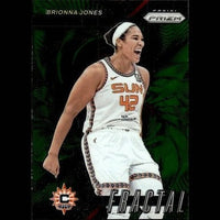 White basketball jersey with orange ’sun’ and number ’42,’ featuring black trim and a silver chain detail around the neckline, worn by brionna jones.