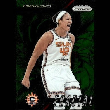 White basketball jersey with orange ’sun’ and number ’42,’ featuring black trim and a silver chain detail around the neckline, worn by brionna jones.