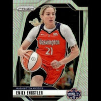 This is a silver-bordered basketball trading card featuring emily engstler in her red washington mystics jersey with the number 21, holding an orange and white basketball.
