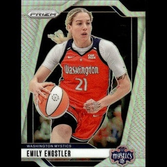 This is a silver-bordered basketball trading card featuring emily engstler in her red washington mystics jersey with the number 21, holding an orange and white basketball.