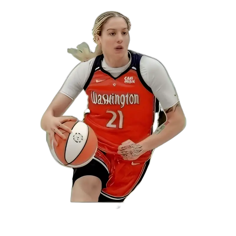 This is a silver-bordered basketball trading card featuring emily engstler in her red washington mystics jersey with the number 21, holding an orange and white basketball.