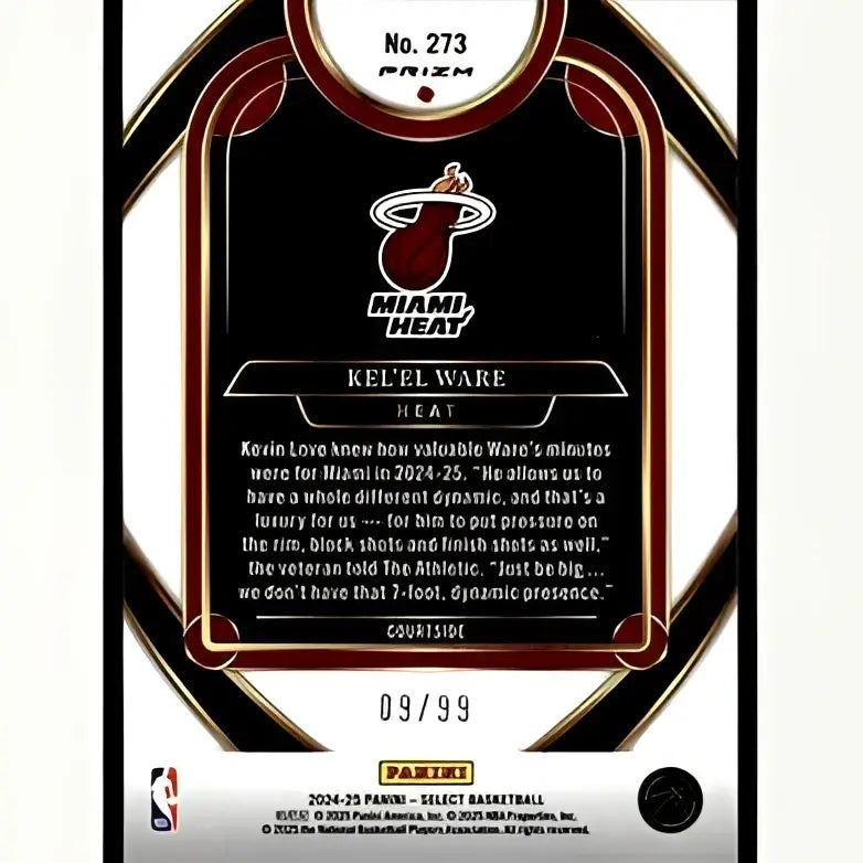 2024-25 panini select blue disco basketball card featuring kel’el ware with miami heat logo and ornate border design