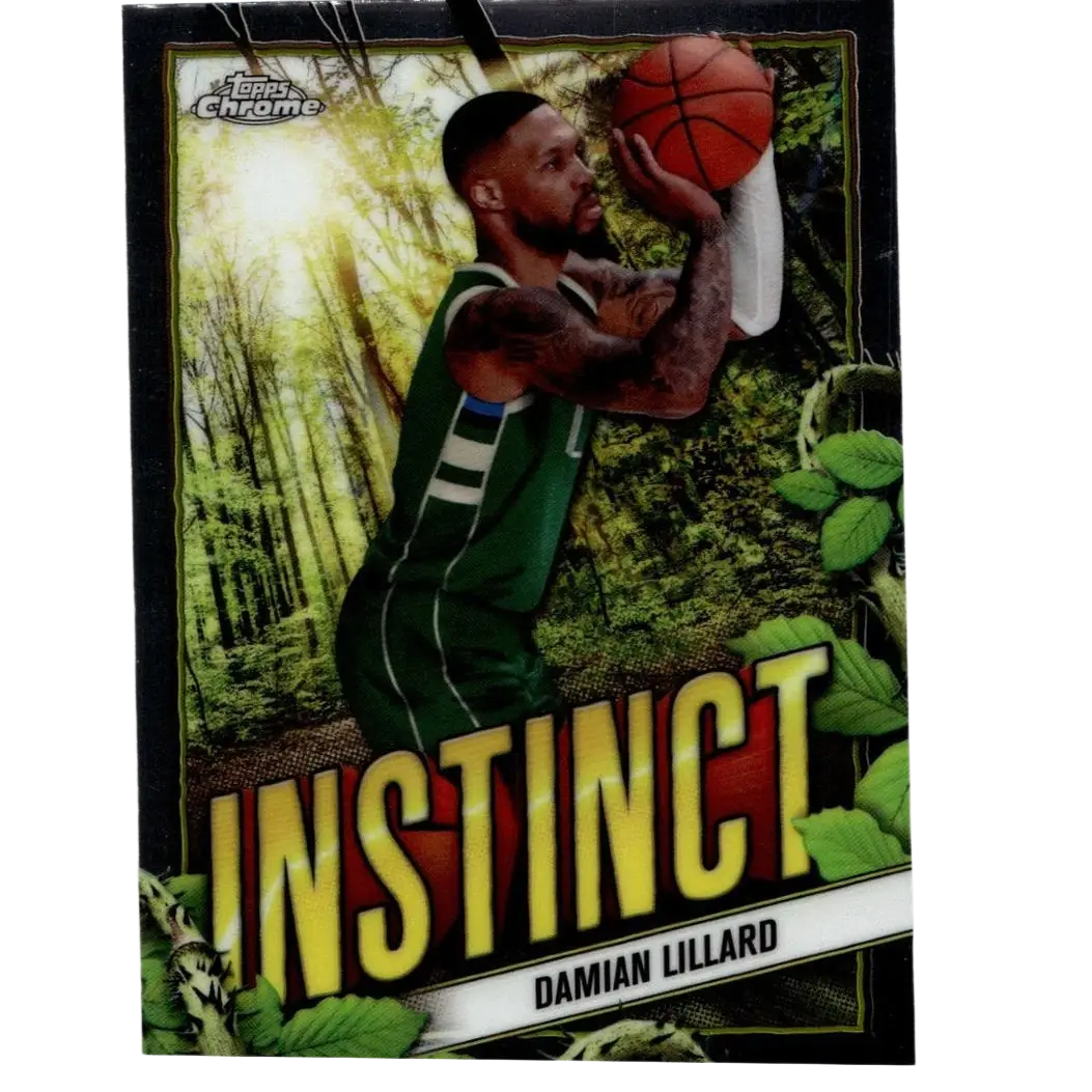 Green and white forest-themed topps chrome instinct basketball trading card featuring damian lillard action figure design