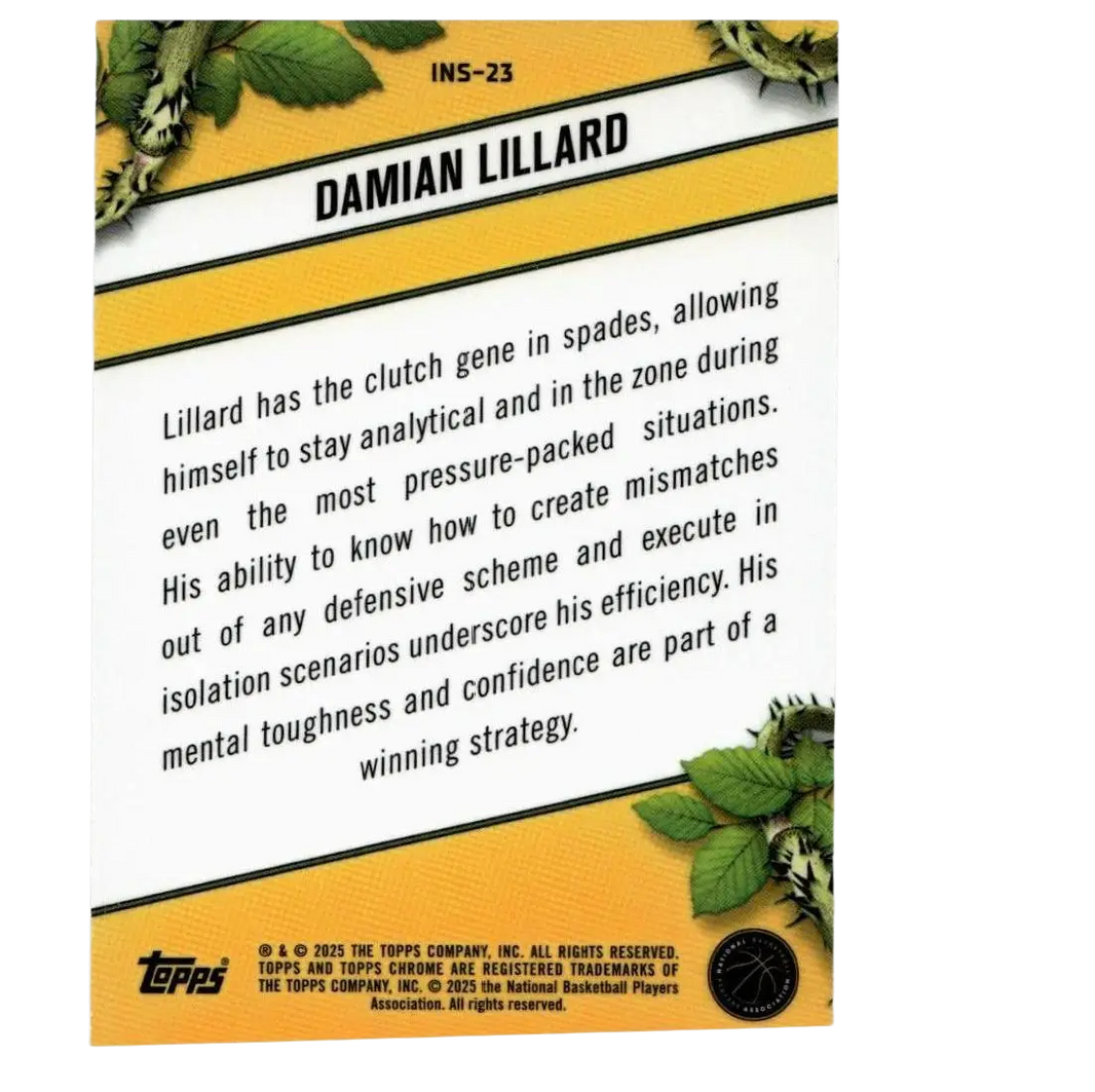 Yellow and white topps chrome 2024-25 instinct basketball trading card of damian lillard with green leafy border design