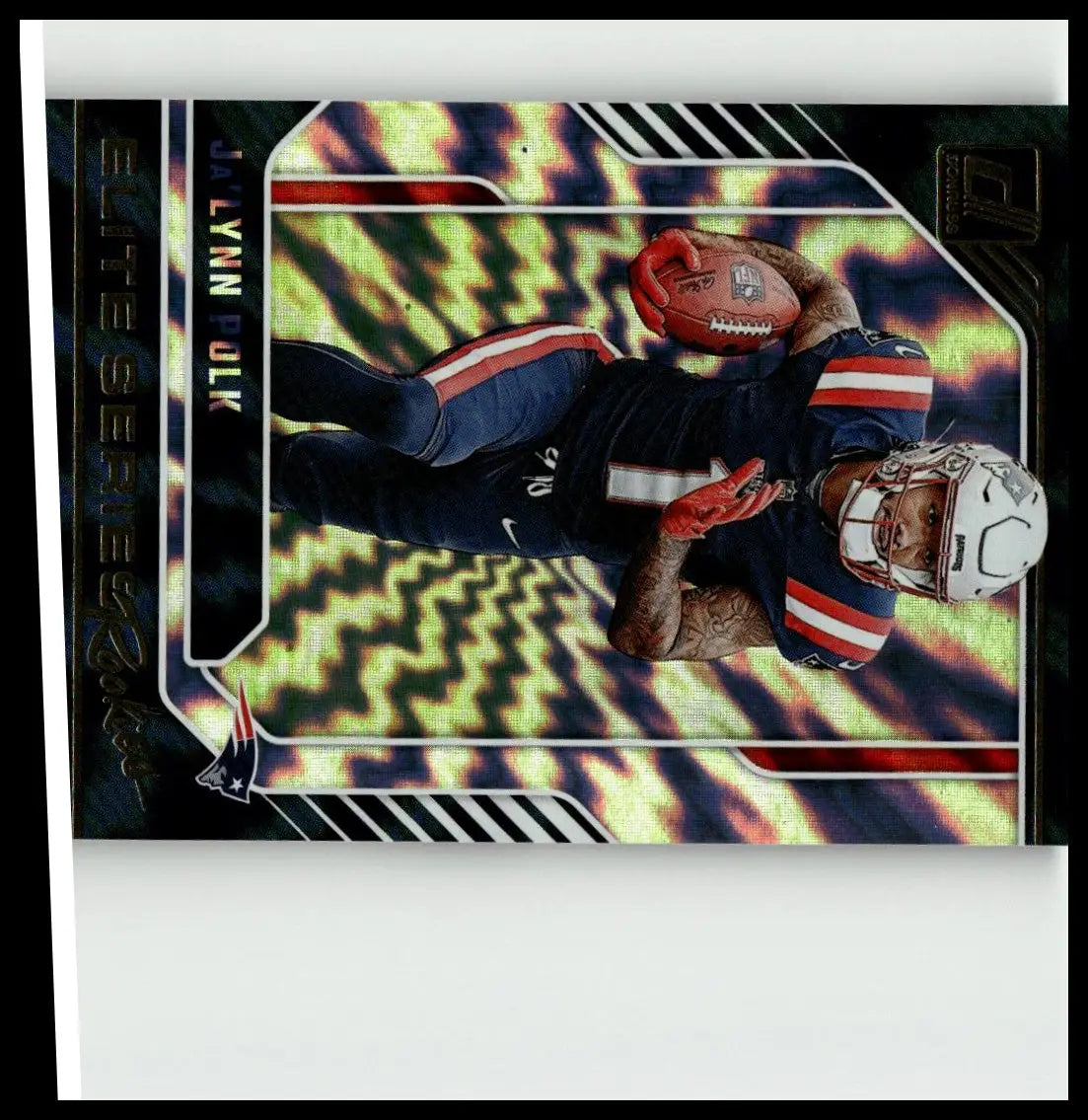 A vibrant iridescent 2024 donruss polk elite series football trading card featuring ja’lynn polk in a navy blue jersey