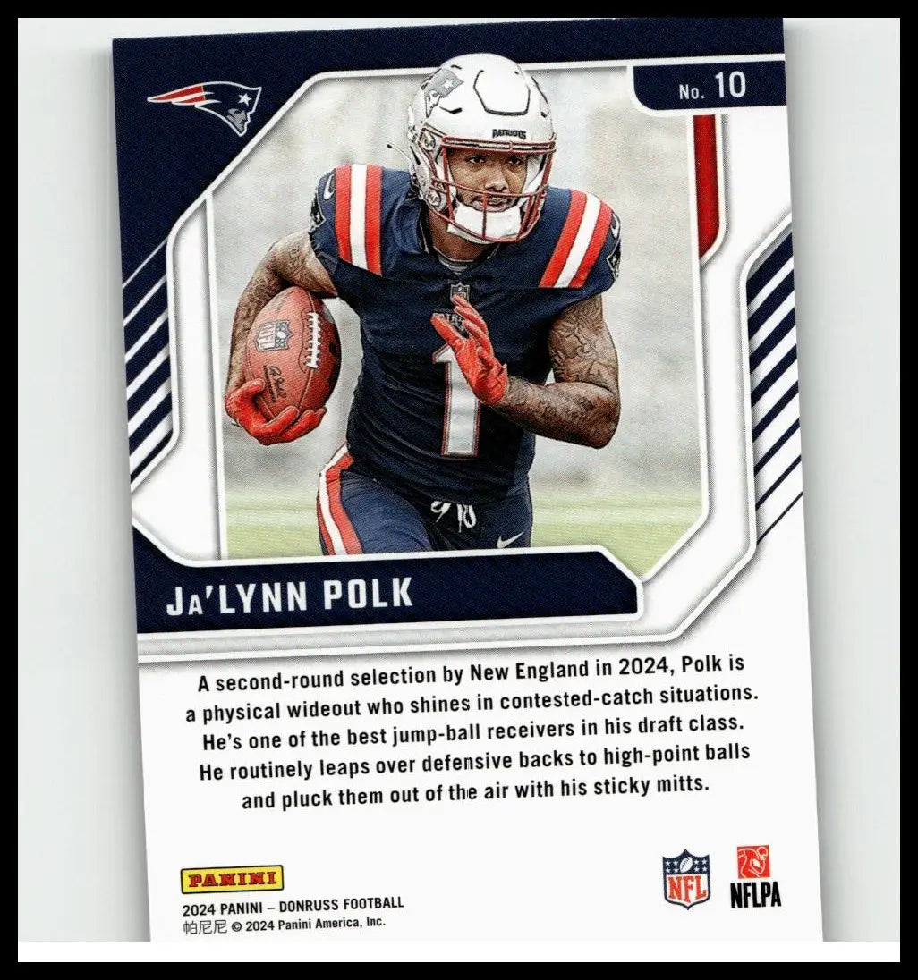 A new england patriots football trading card featuring ja’lynn polk in navy blue jersey holding brown leather football from polk elite series elite series rookies 2024 donruss