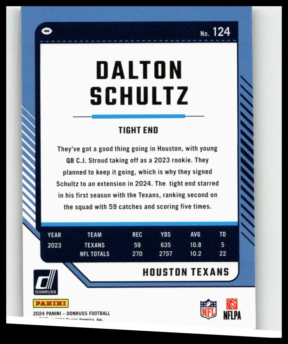 Blue and white 2024 donruss dalton schultz press proof silver football trading card numbered 124 of 100