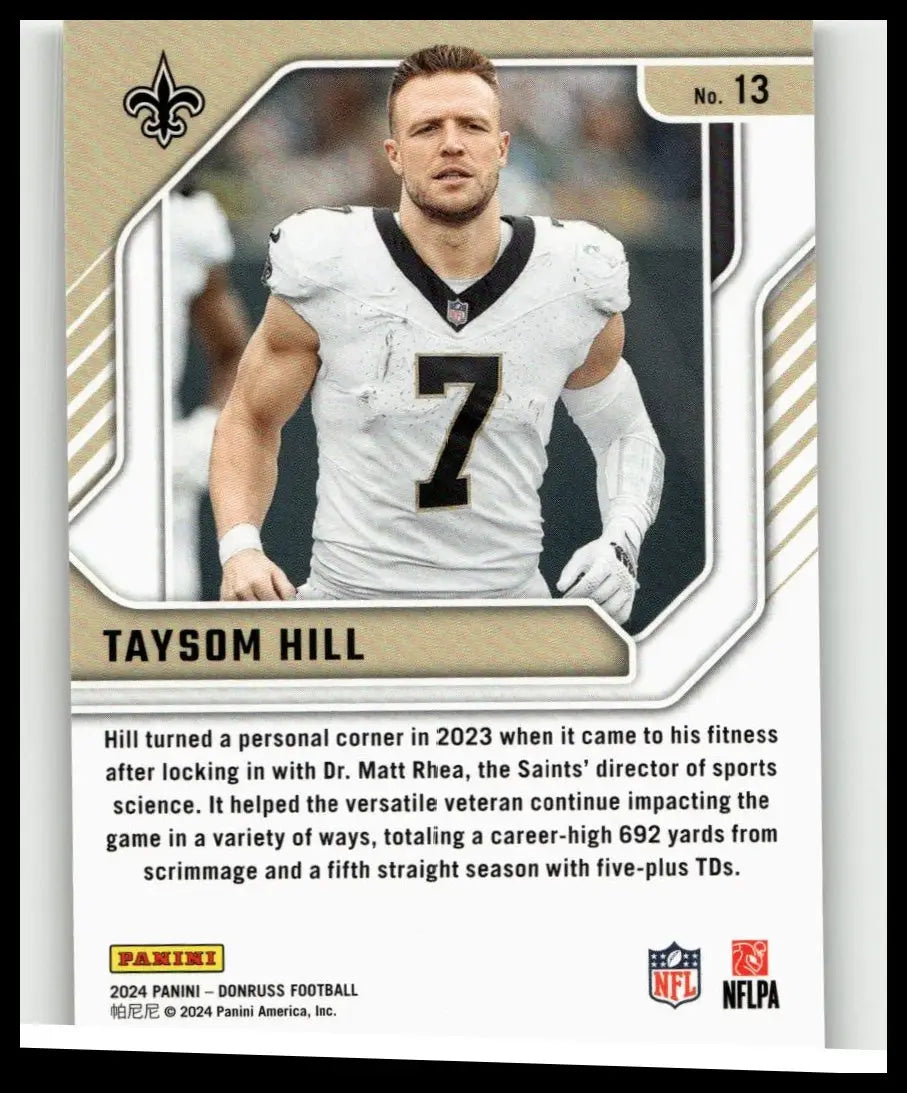 White and black football jersey with number 7 worn by taysom hill from new orleans saints in 2024 donruss taysom hill elite series