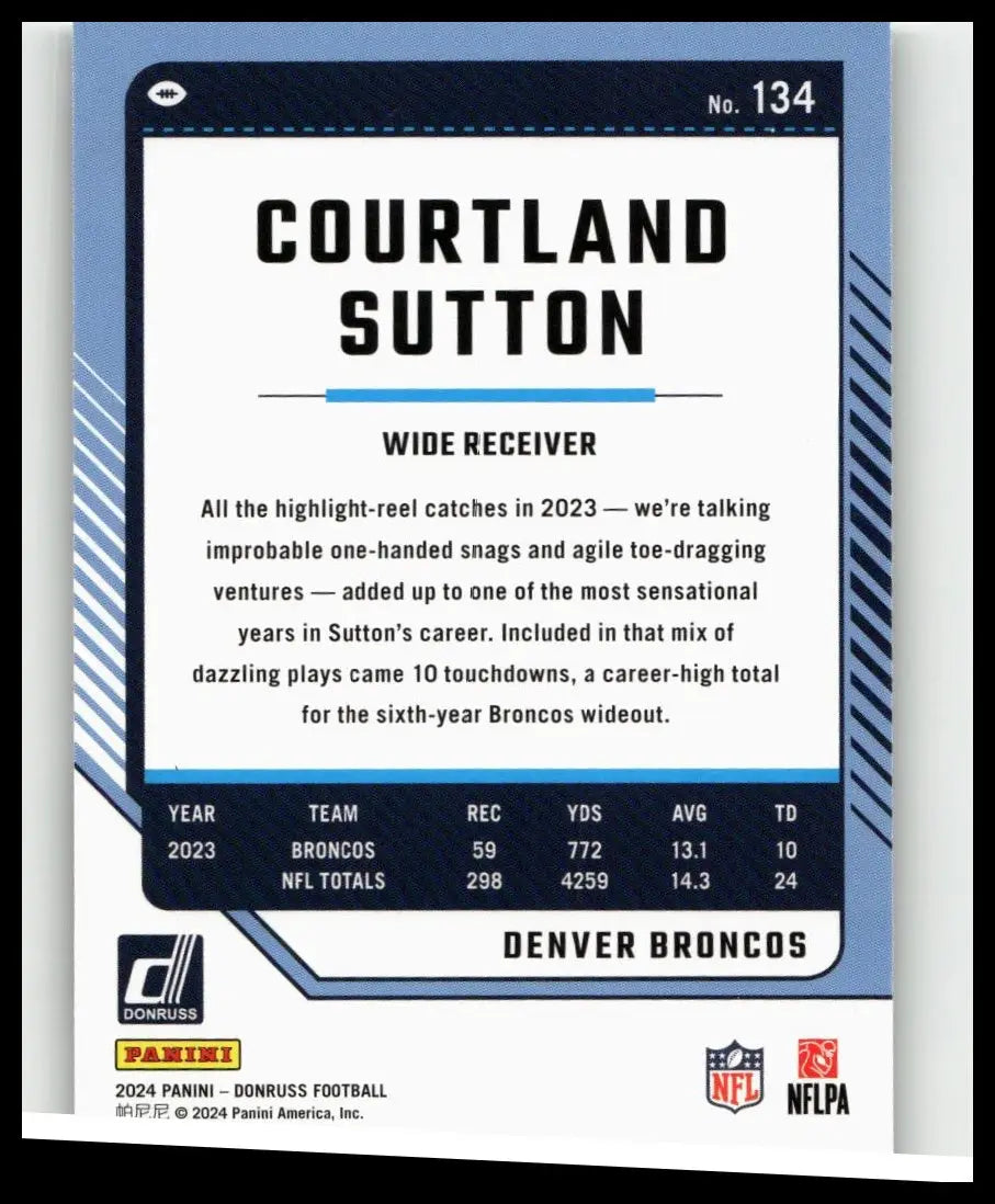 Blue and white 2024 donruss #134 courtland sutton football trading card featuring denver broncos wide receiver for toys and games