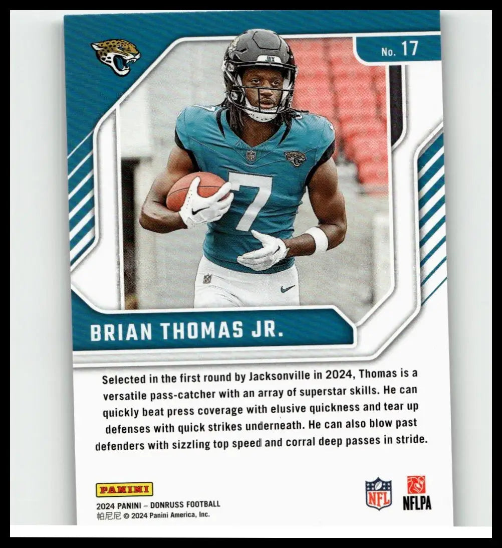 Teal and white jacksonville jaguars football trading card featuring brian thomas jr from 2024 donruss elite series rookies