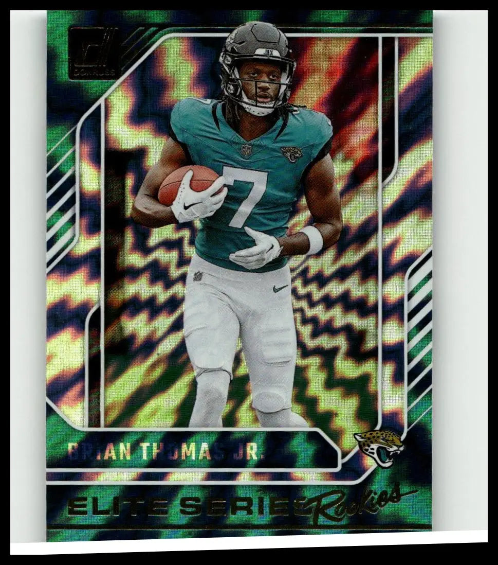 A teal and white jacksonville jaguars brian thomas jr football jersey card from the 2024 donruss elite series rookies